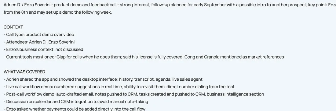 Call notes in Arvano